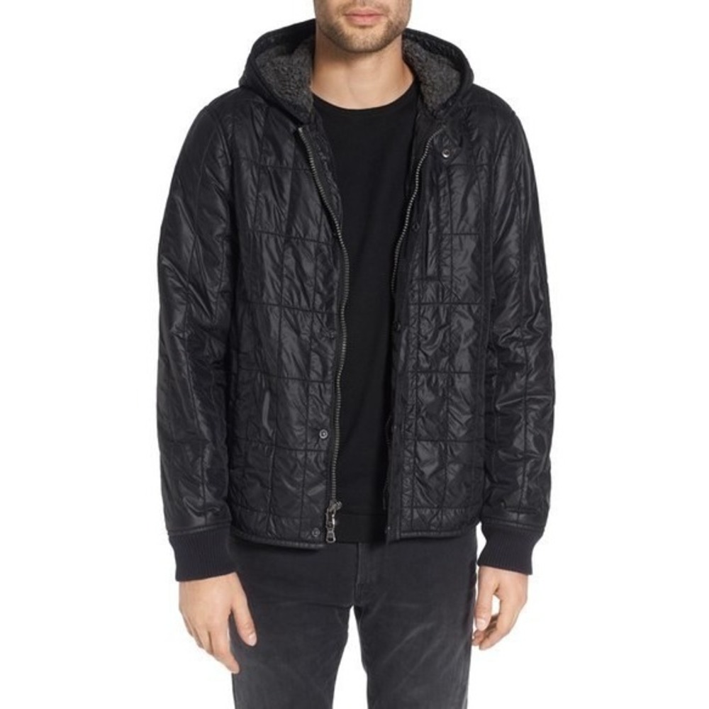 John Varvatos USA Mens M Black Quilted Hooded Sherpa Lined Jacket Full Zip Coat